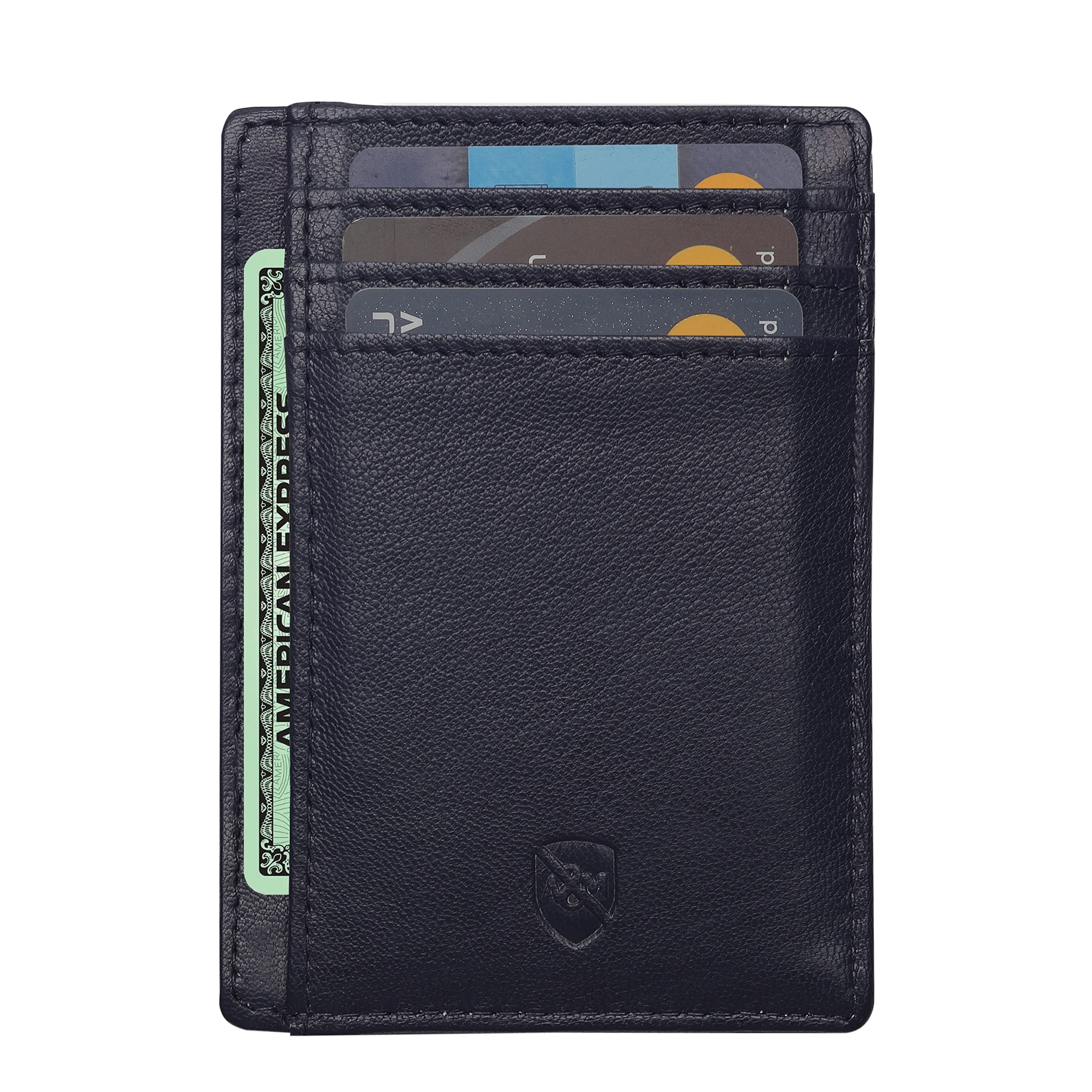 ALLEN & MATE 100% Leather Slim Minimalist Wallet – RFID Blocking Card Holder for Men & Women – Holds 7 Cards & Cash – Stylish, Compact Design – Genuine Leather with Gift Box (Navy Blue)