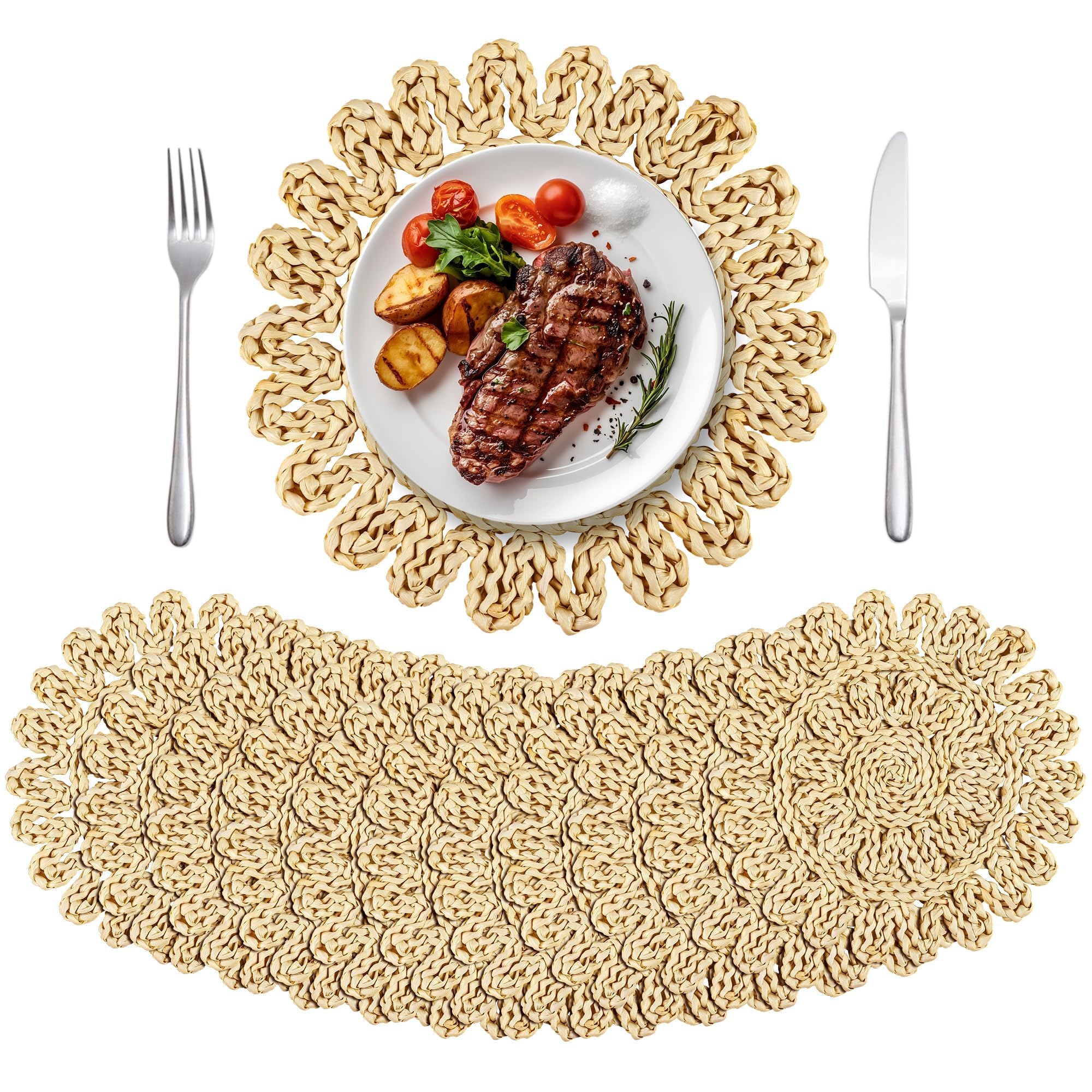 Photo 1 of Kochorie 11.8 Inch Round Woven Placemats Set of 12 Handmade Corn Husk Placemats Natural Boho Rattan Woven Placemat Table Wicker Placemat for Farmhouse Spring Home Table