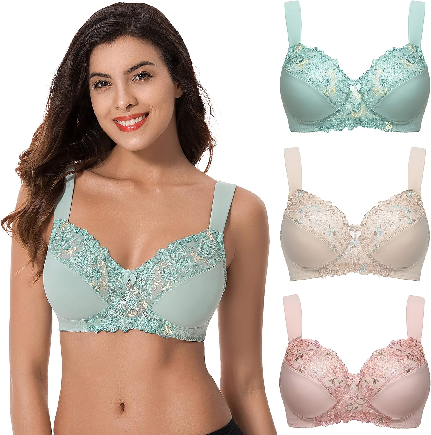 Curve Muse Plus Size Minimizer Unlined Wireless Bra with Lace Embroidery-3Pack at  Women’s Clothing store