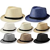 8 Pack Panama Trilby Fedora Straw Sun Hat with Leather Belt Straw Fedora Hats Short Brim Summer Beach Hat for Men Women