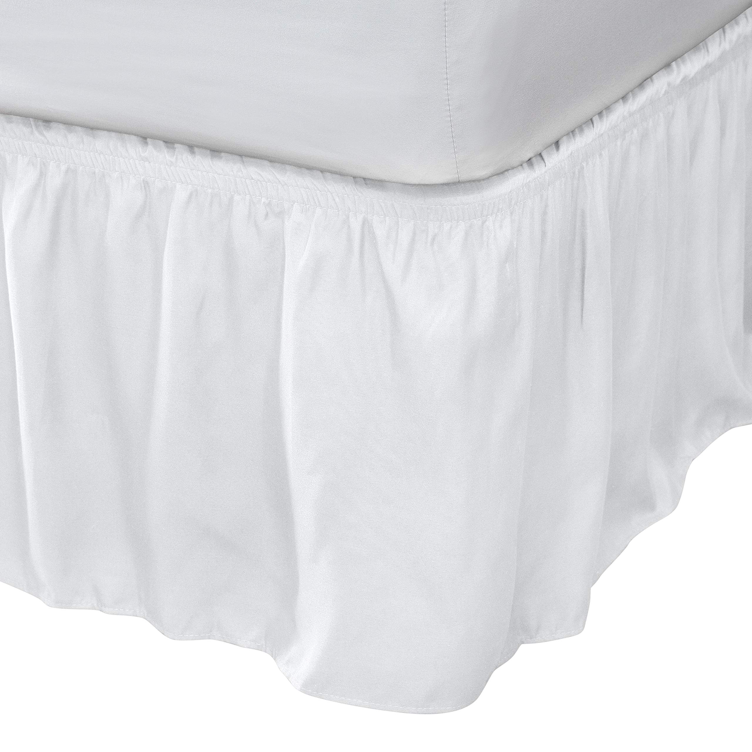 Home Details Three Fabric Sides Elastic Wrap Around Dust Ruffle Solid Bed Skirts Easy Off 14 Inch Tailored Drop, Queen or King, White