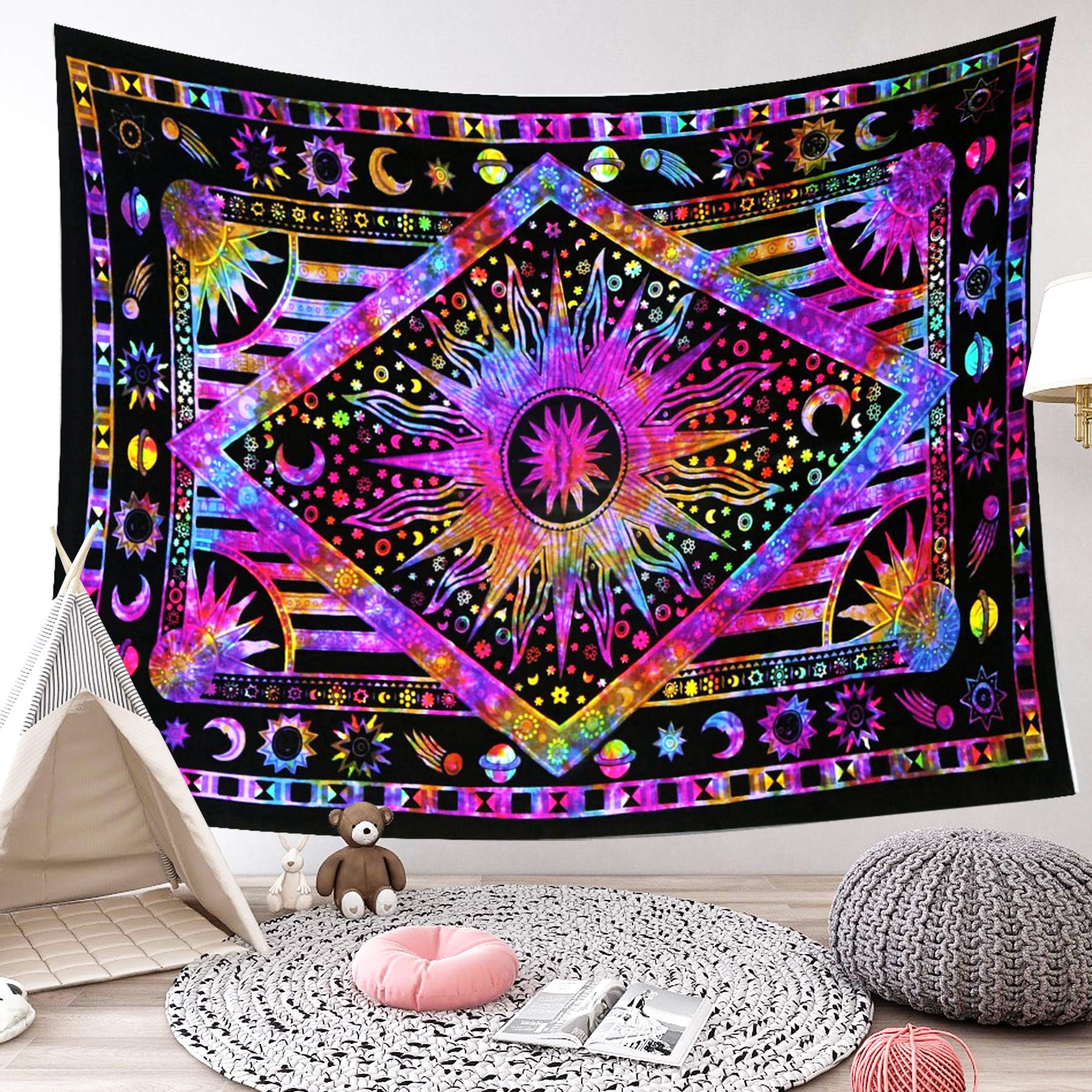 LIGICKY Burning Sun Tapestry, Psychedelic Celestial Sun Moon Planet Tie Dye Bohemian Wall Hanging Boho Hippie Wall Art Tapestries Home Decorations for Living Room Bedroom Dorm, Purple 59.1" x 78.7"