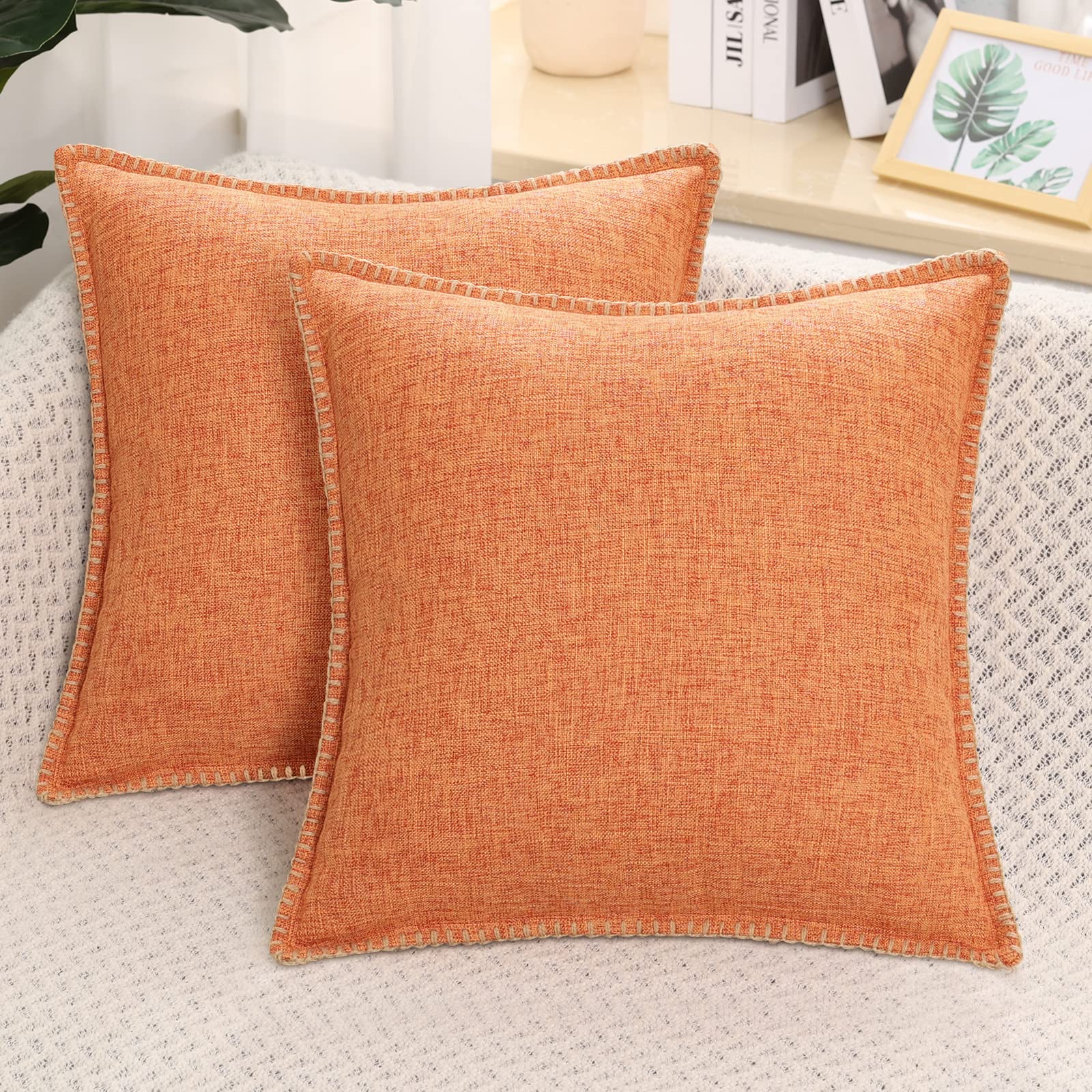 decorUhome Set of 2 Linen Cushion Covers 60X60cm, Decorative Outdoor Plain Vintage Cushion Covers with Stitched Edges, large Square Farmhouse Neutral Pillow case 24x24 Inch for Sofa, Orange