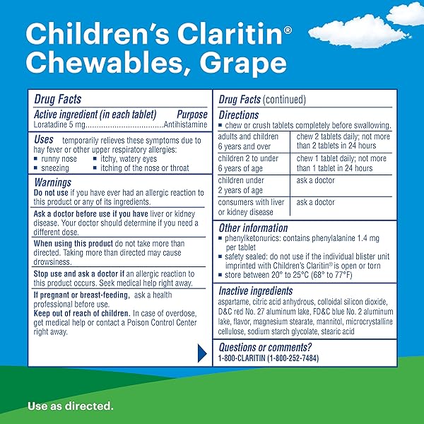 CHILDREN’S CLARITIN CHEWABLES 24 HR CHILDREN ALLERGY MEDICINE, GRAPE, 60 COUNT