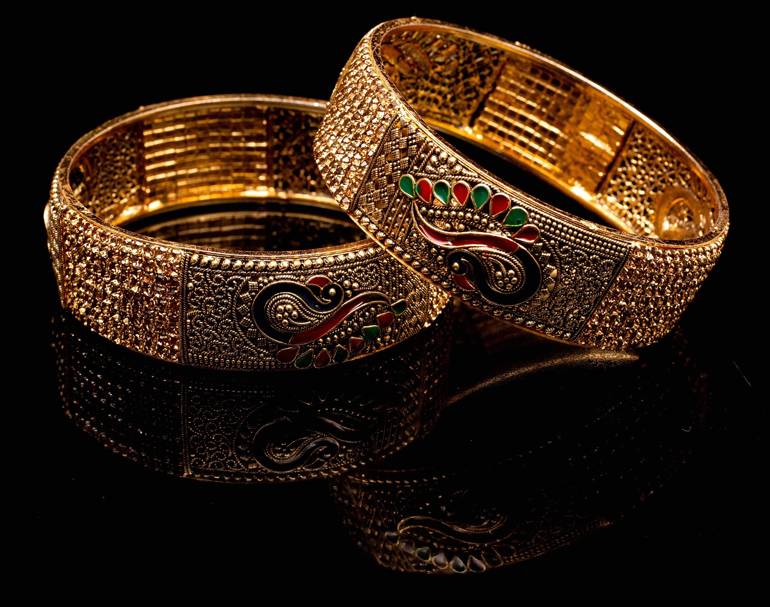 Swara Creations Traditional Brass Bangles | Kadas in Golden Color with Peacock Meenakari Design and Zircon Work for Women & Girls (set of 2)