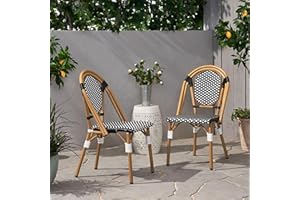 GDFStudio Outdoor French Bistro Chairs Set of 2, PE Rattan Patio Dining Chairs with Bamboo Finish Aluminum Frame, Classic Wov
