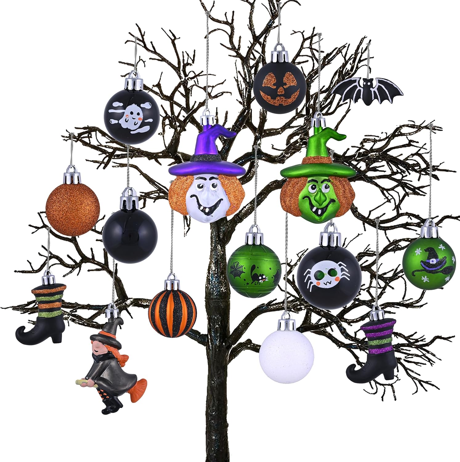 Ornaments - Valery Madelyn 24ct Shatterproof Halloween Ball Ornaments for Tree with Witch Boot Ghost Spider Decoration, Happy Halloween Haunted Hanging Ornaments for Indoor Outdoor Party Table Centerpiece Decor