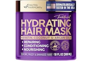 Hydrating Hair Mask for Damaged & Dry Hair – Deep Conditioning Keratin Treatment for Frizzy, Curly & Color-Treated – Anti-Frizz & Split Ends Repair with Collagen, Biotin, Argan & Coconut Oils – 10 oz