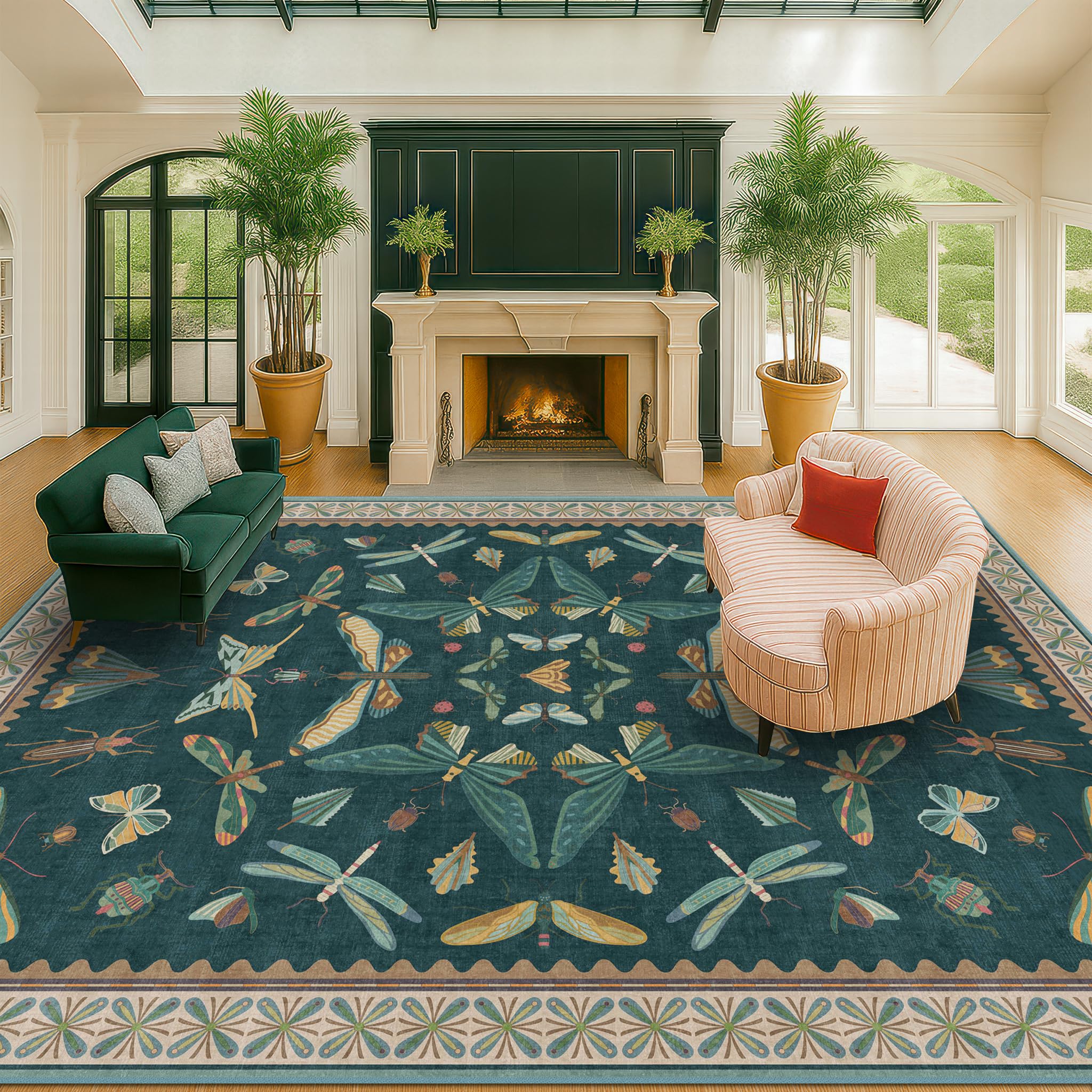 Hazo Haus 9x12 Large Living Room Rug - Dark Teal Multi Dining Room Rugs for Under Table, Bedroom, Kids Room, Classroom, Insect Butterfly Floral Décor, Lightweight Non Slip Low Pile Image