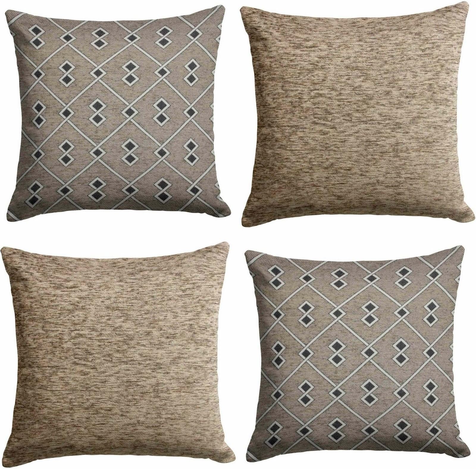 Ideal Textiles Set of 4 Cushion Covers, Shelbourne Geometric Diamond & Chenille Plain Cushion Cover Collection, Co-ordinating Cushions Set, 18" x 18", 45cm x 45cm (Natural)