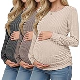 Oakgarden 3 Pack Women's Maternity Shirts Ribbed Long Sleeve Tops Pregnancy Sweaters Crew Neck Knit Side Ruched Tunic Tees