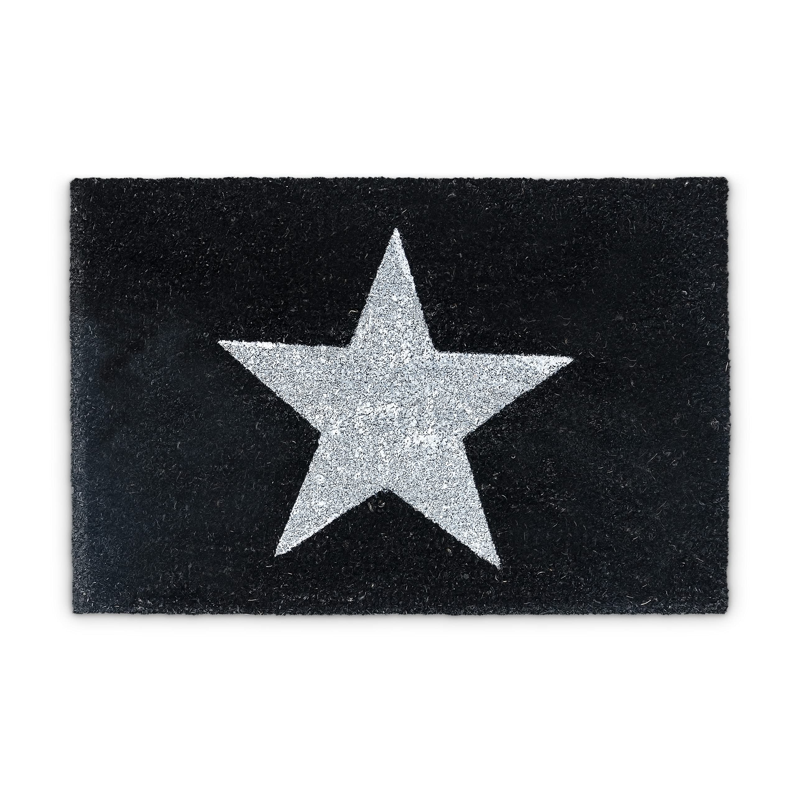 Relaxdays Natural Coconut Fibre Coir STAR Doormat Door Mat Welcome Mat w/ Anti-Slip Rubber PVC Underside, Black