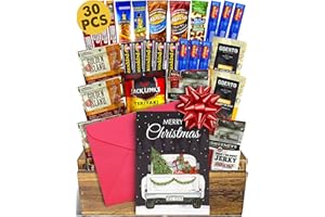 Snack Box Gift Basket & Christmas Card - (30pcs) Carnivore Snack box Food Gifts of Beef Jerky Bulk, Pepperoni Sticks, Peanuts