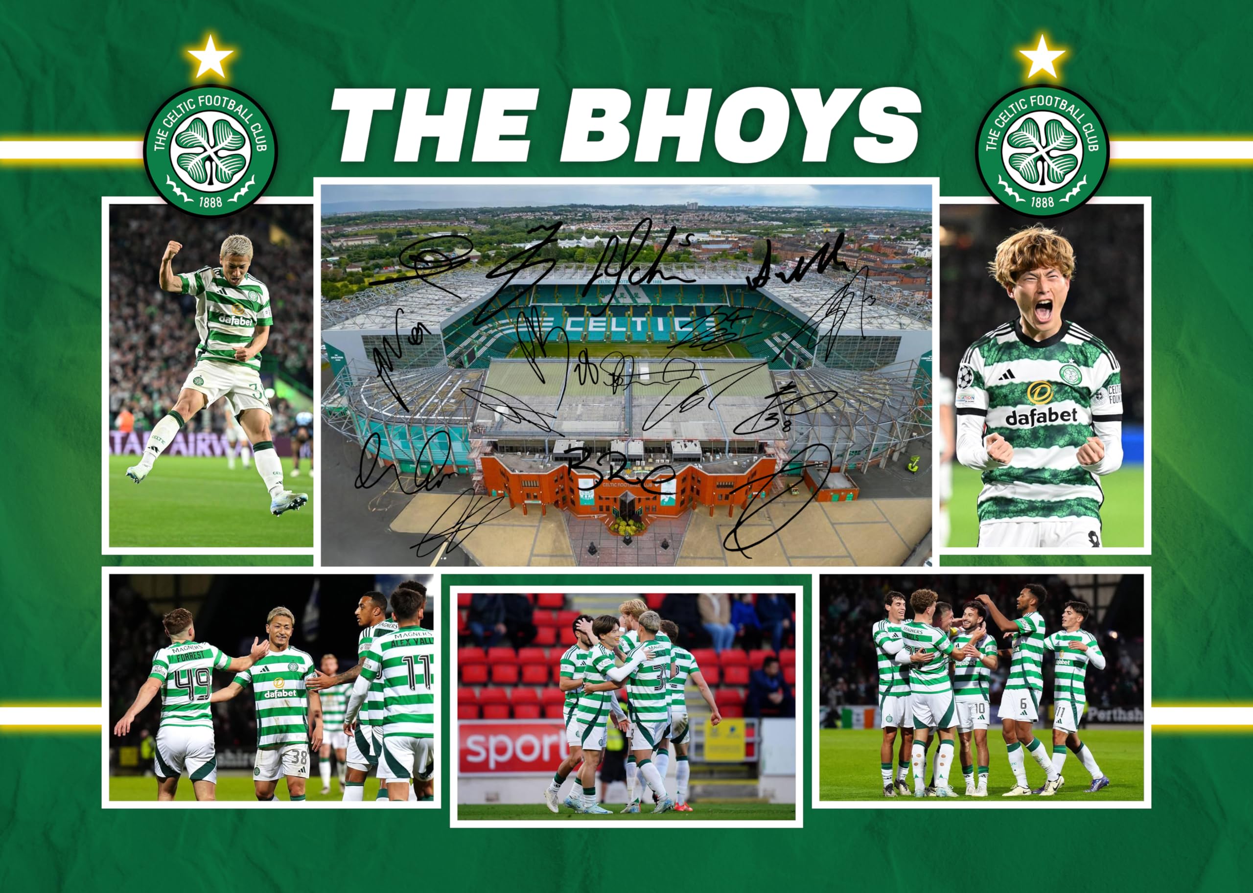 RJR PRINTS Celtic - ' The Bhoys ' 2024/5 Team Football Players Multi Signed A4 Montage Photo Print Which Would Make A Great Gift For Any Fan.