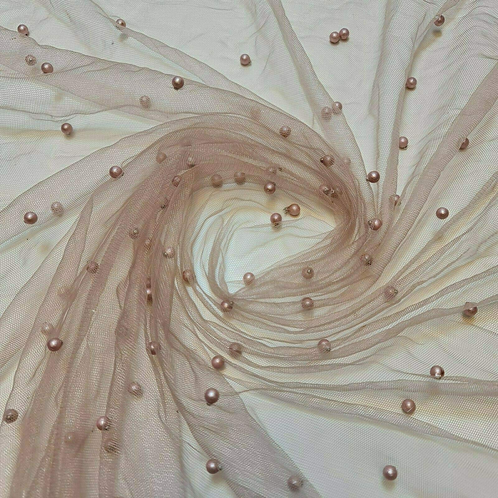 Textile Station 58" Wide Tulle Beaded Pearl Lace Net Fabric Bridal Veil Wedding Backdrop Décor Available in 25 Colours (Dark Dusty Pink, 1 Meter)
