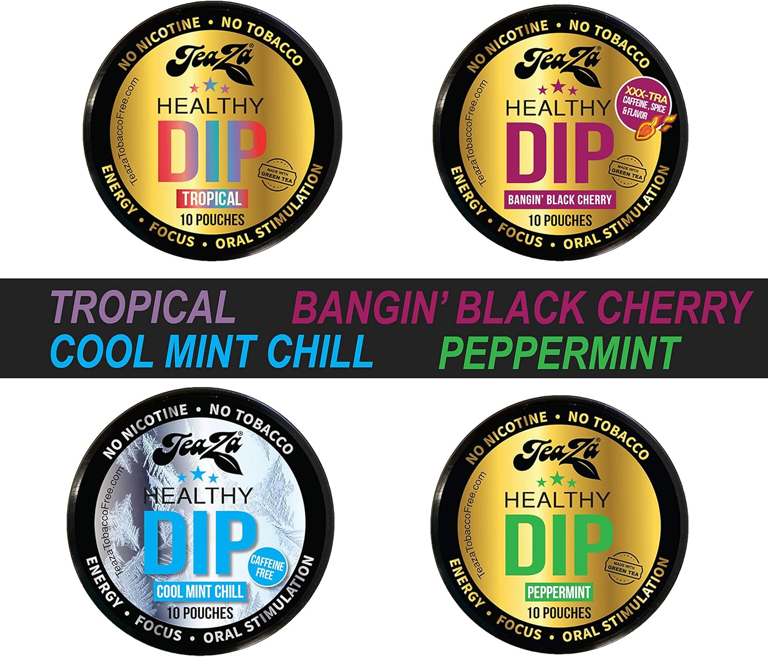 NEW Teaza Herbal Energy Pouch Mixed (4 pack) Peppermint-Tropical-Cool Mint Chill-Banging Black Cherry: Health & Personal Care