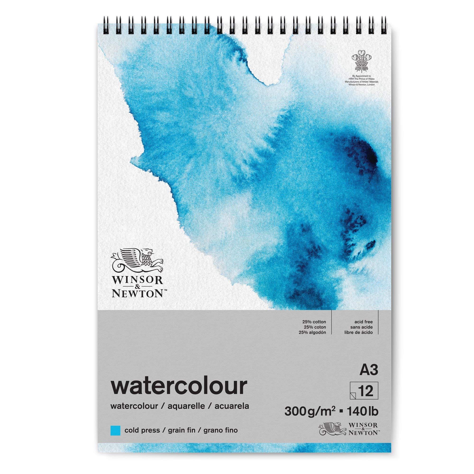 Winsor and Newton Watercolour Paper Pad, A3, 12 Sheets, 300 g/m, Spiral Bound, Cold Pressed, Acid , Mixture of 25 Percent Cotton and Cellulose Fibres, Natural White