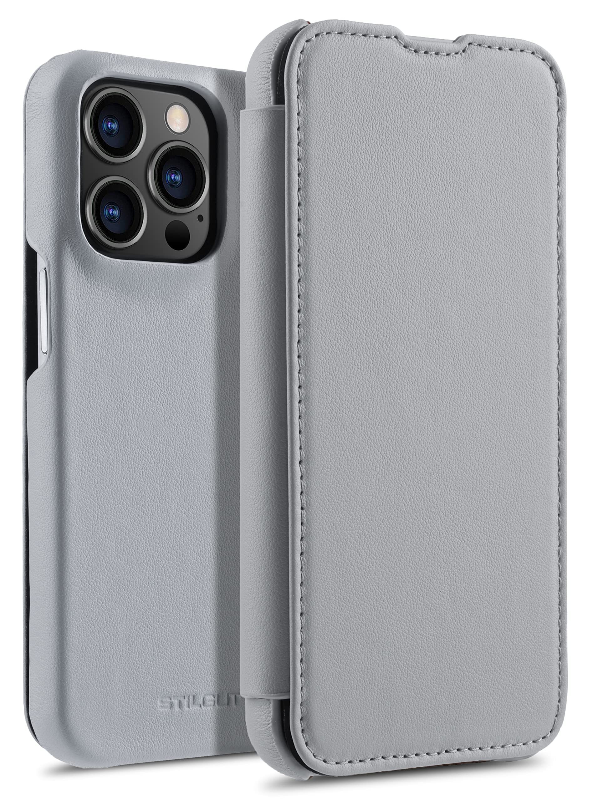 STILGUT Book Case Compatible with iPhone 13 Pro Max (6.7 Inch) Leather Flip Case, Mobile Phone Case, Leather Case - Grey Nappa