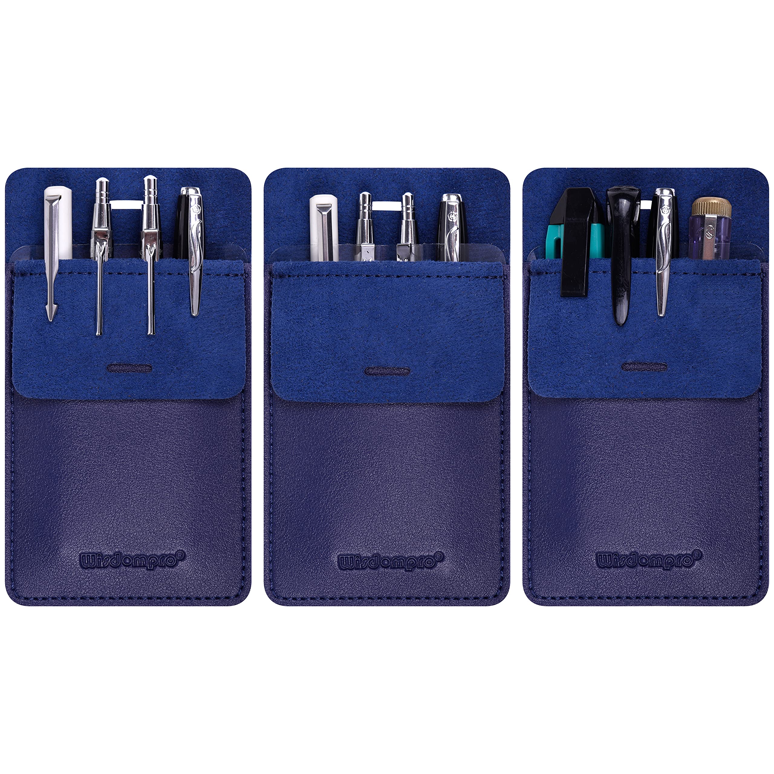 wisdompro Pocket Protector, 3 Pack PU Leather Heavy Duty Pen Holder Pouch with Clear PVC Divider for Shirts, Lab Coats, Pants - Multi-Purpose - Holds Pens, Pointers, Pencils, and Notes - Blue