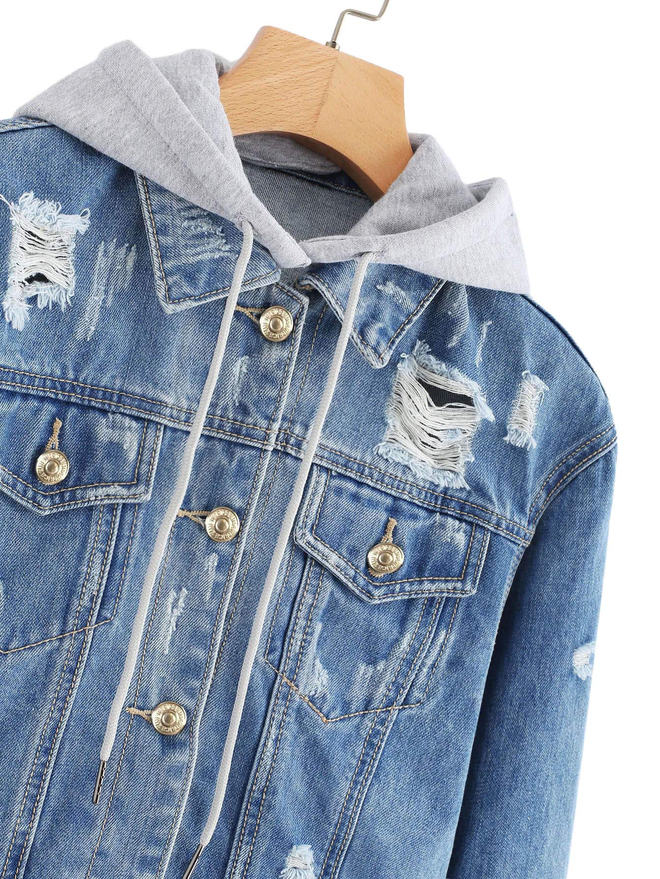 Floerns Women's Washed Distressed Button Front Hooded Jean Denim Jacket