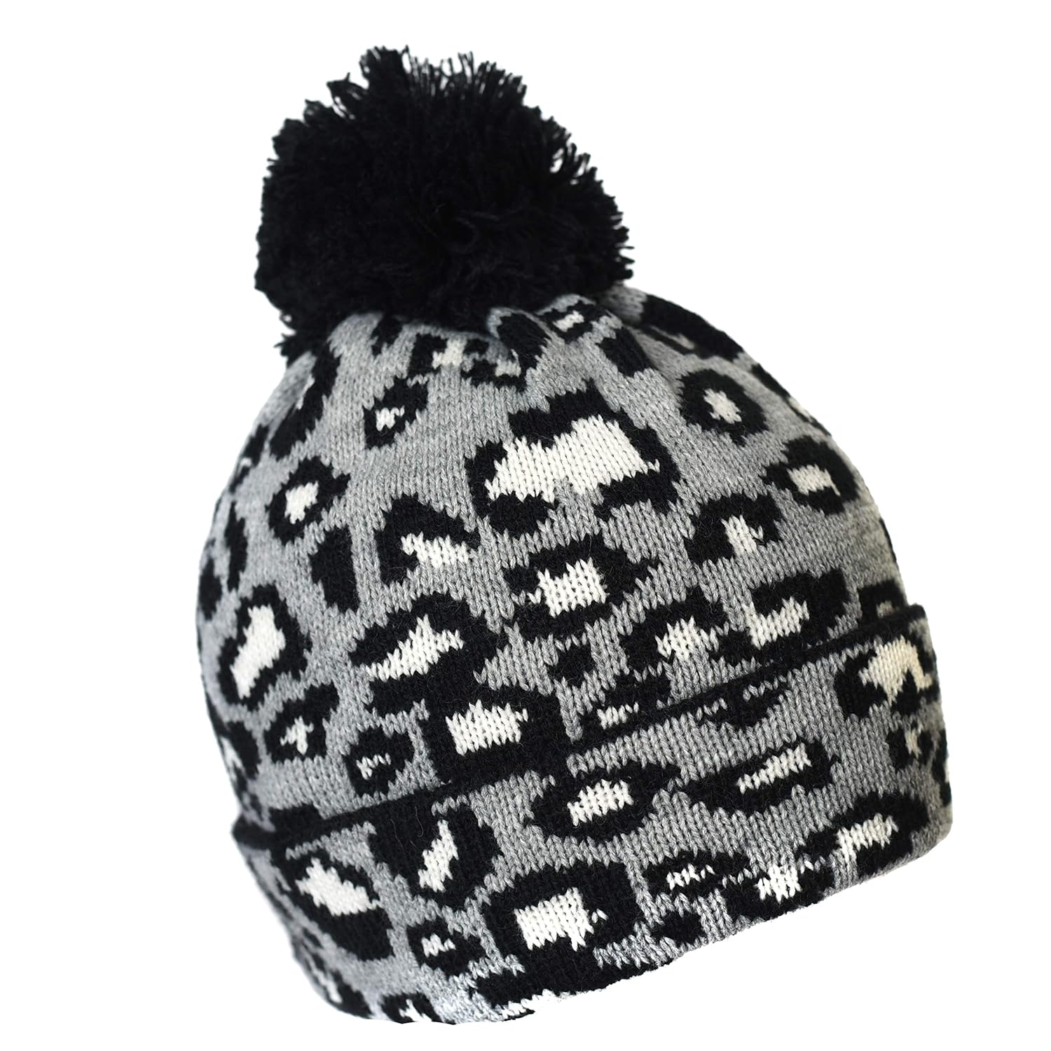 Cheetah Print Knit Cuff Beanie Hat Classic Leopard Soft Stretch Winter Skully Cap with Pom Pom