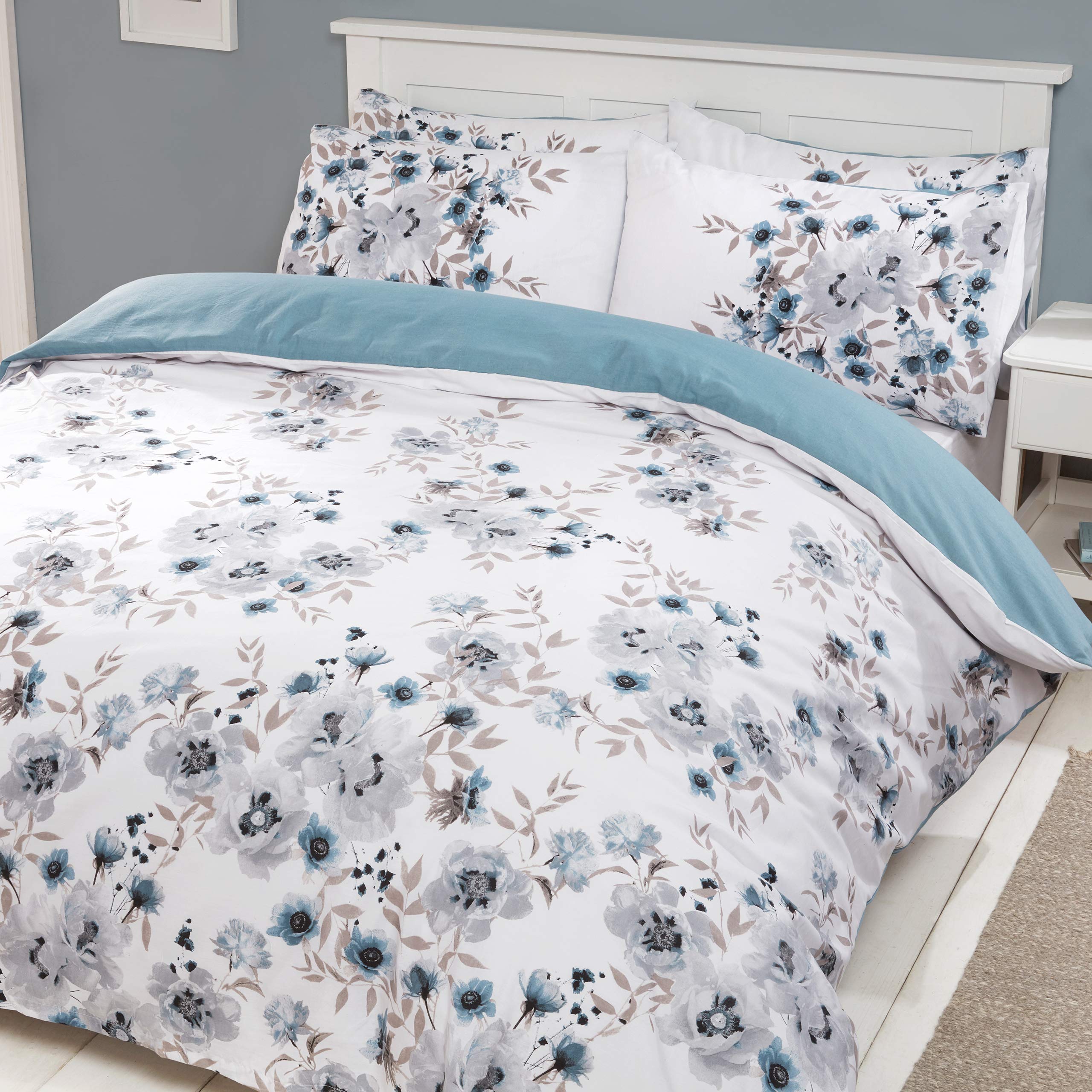 Sleepdown Photographic Floral Single-Blue Reversible Bedding Set and Pillowcases, Cotton Mix, Duvet