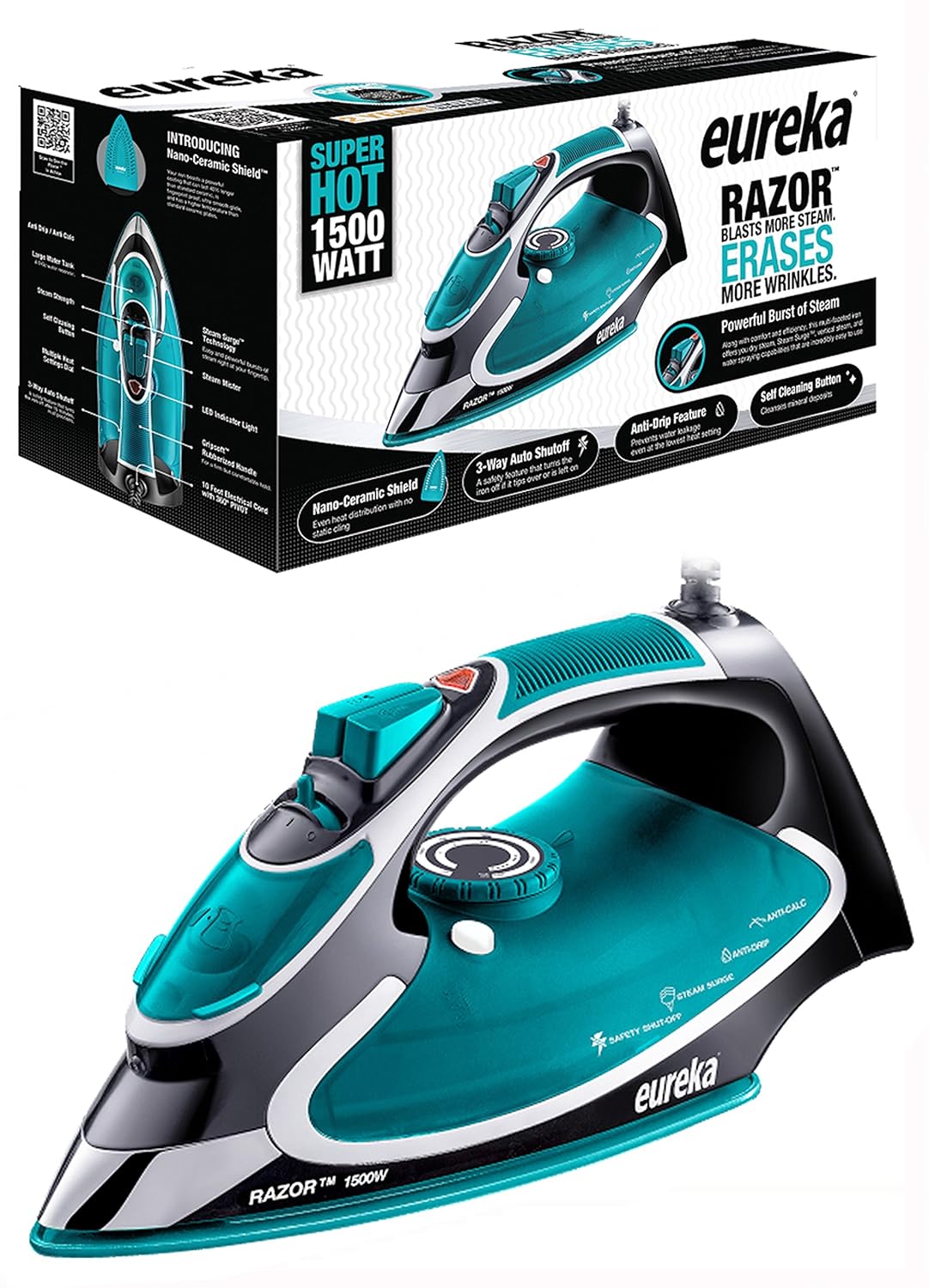 Eureka Razor Powerful Steam Iron Burst, Non-Stick Ceramic Soleplate with Auto-Off Super Hot 1500 Watt Iron Aqua Pouch Included