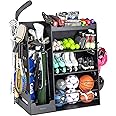 GoSports Premium Wooden Sports Equipment Organizer with Storage Hooks - Golf Bag Rack and Multi-Sport Ball Bin for Garage