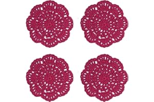 Phantomon Lace Round Crochet Doilies Handmade Coasters, 4-Inch, Pack of 4 (Burgundy)
