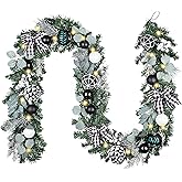 Valery Madelyn 9 Feet Pre-Lit Christmas Garland with Lights for Mantle, Lighted Outdoor Xmas Garland with Black White Balls & Bow for Home Stairs Fireplace Table Centerpiece Indoor Holiday Party Decor