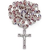 Mondo Cattolico Rosary Beads catholic for Women and Men from Vatican,in Capped Faceted Crystal Beads with Enameled Holy Family Centerpiece - Perfect Catholic gifts