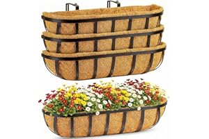 Y&M 4pcs 24 Inch Window Deck with Coco Liner, 24" Window Boxes Horse Trough with Coconut Coir Liner, Black Metal Hanging Flow