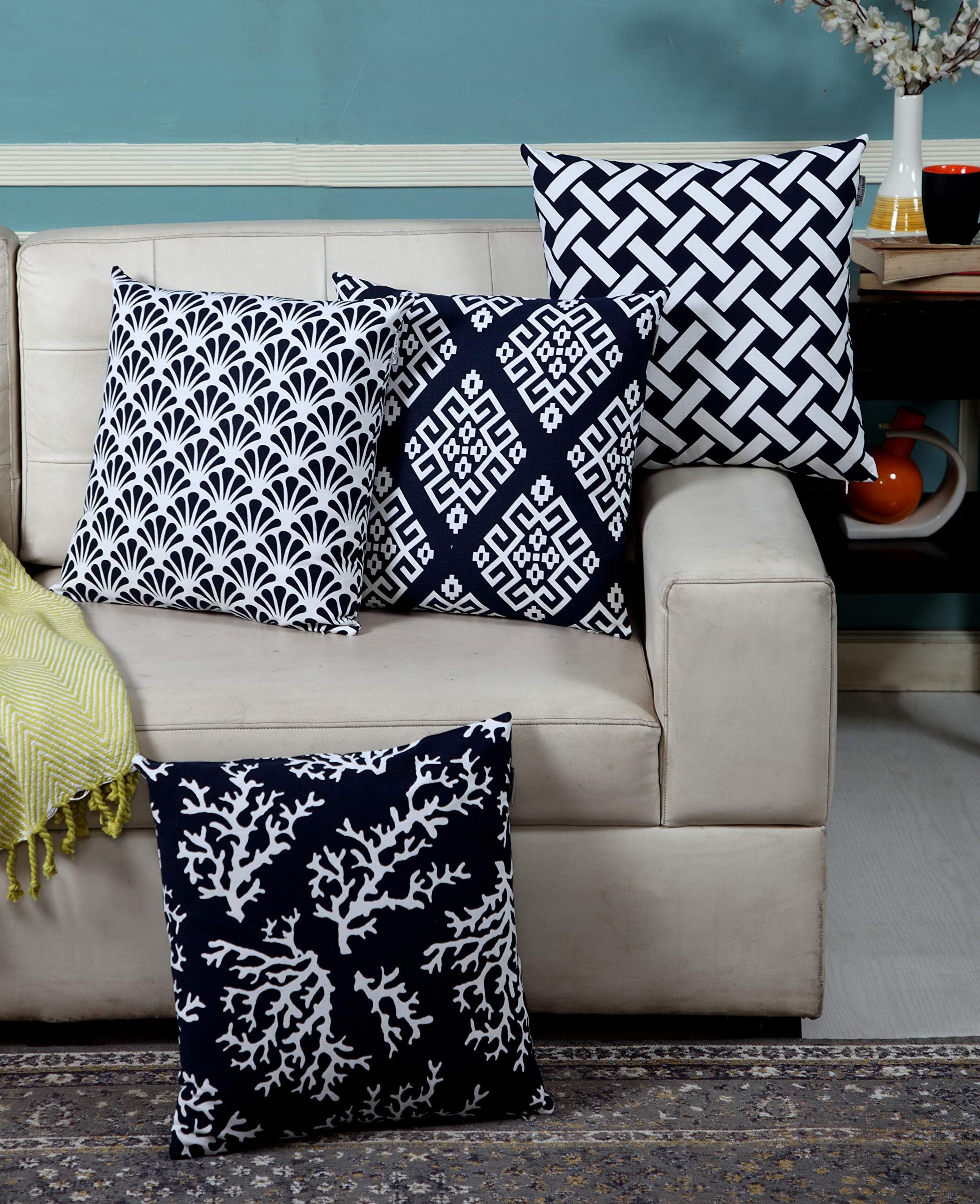 ACCENTHOME Printed Pillow Covers Set of 4 - Decorative Square Throw Pillow Cover , Indoor & Outdoor Cotton Cushion Cases , Geometric Design Navy Pillowcases for Home Sofa - Bed - Couch 18 x 18 Inch
