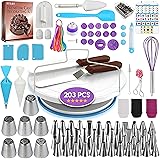 RFAQK 203 PCs Cake Decorating Supplies Kit for Beginners-1 Turntable stand- 48 Numbered Easy to use icing tips with pattern c