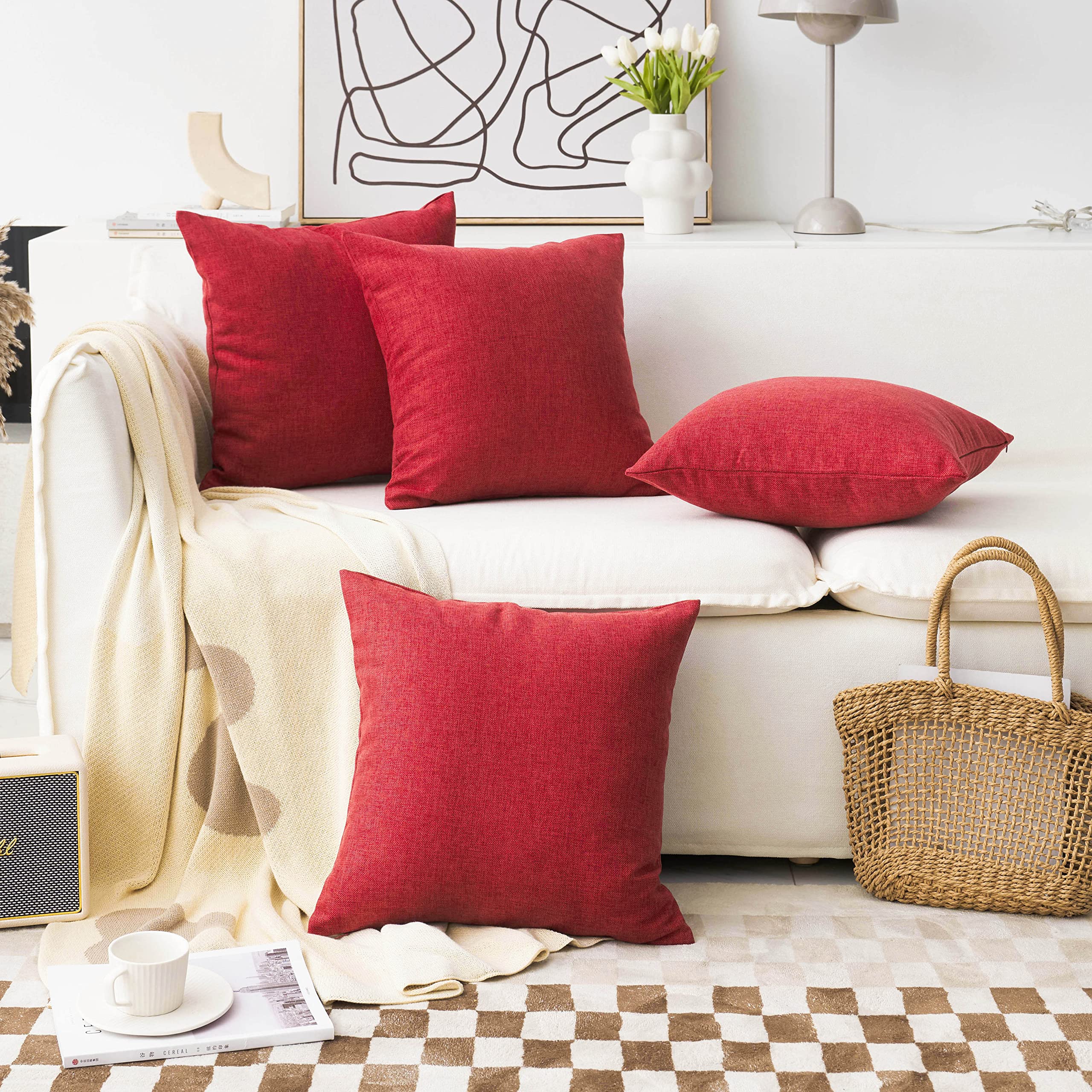 Home Brilliant Red Cushion Covers Set of 4 Soft Linen Cushions Cover 45cm x 45cm for Bed Sofa Chair Car, Burgundy, 45x45 cm, 18 inch, 4 Pieces