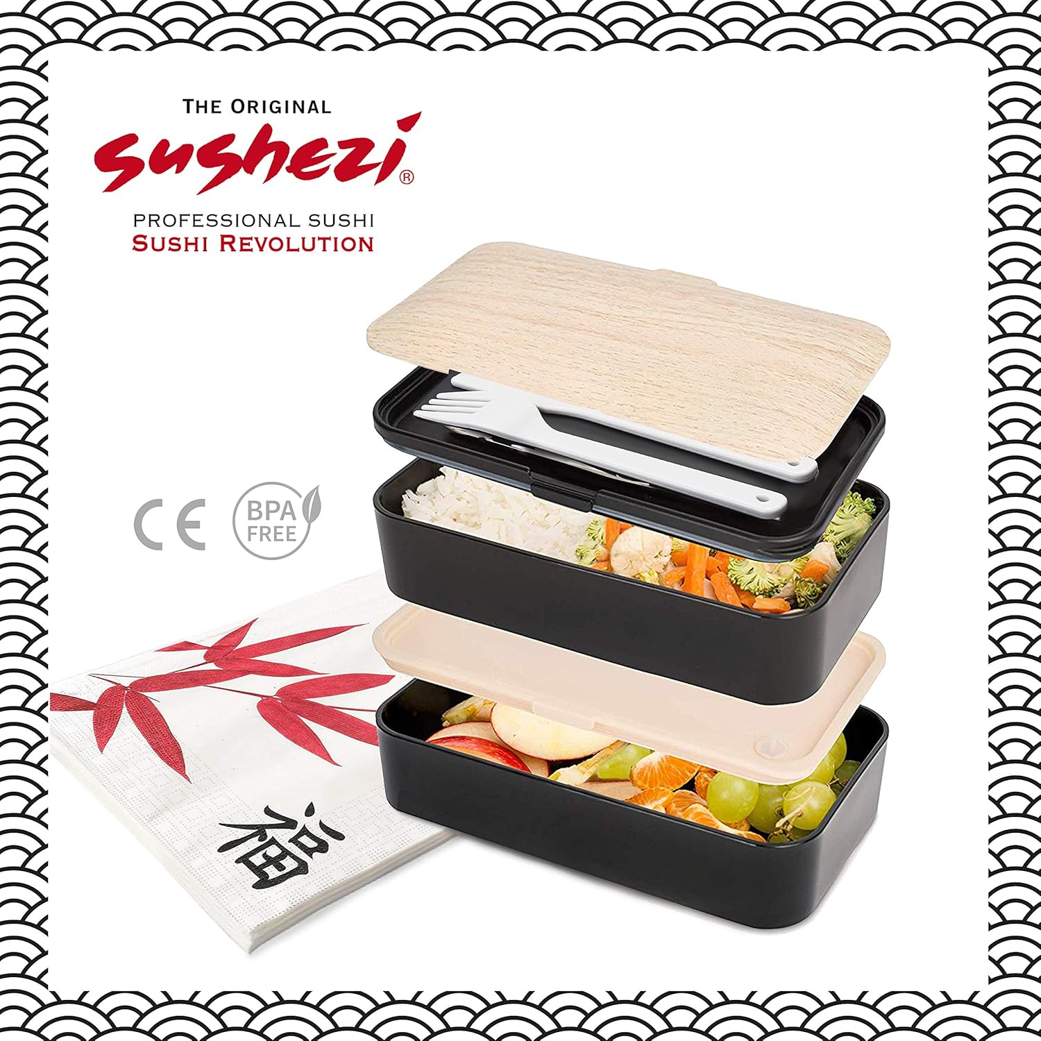 SUSHEZI Fiambrera Bento Box Caja de Almuerzo con Tapa en Bambú y