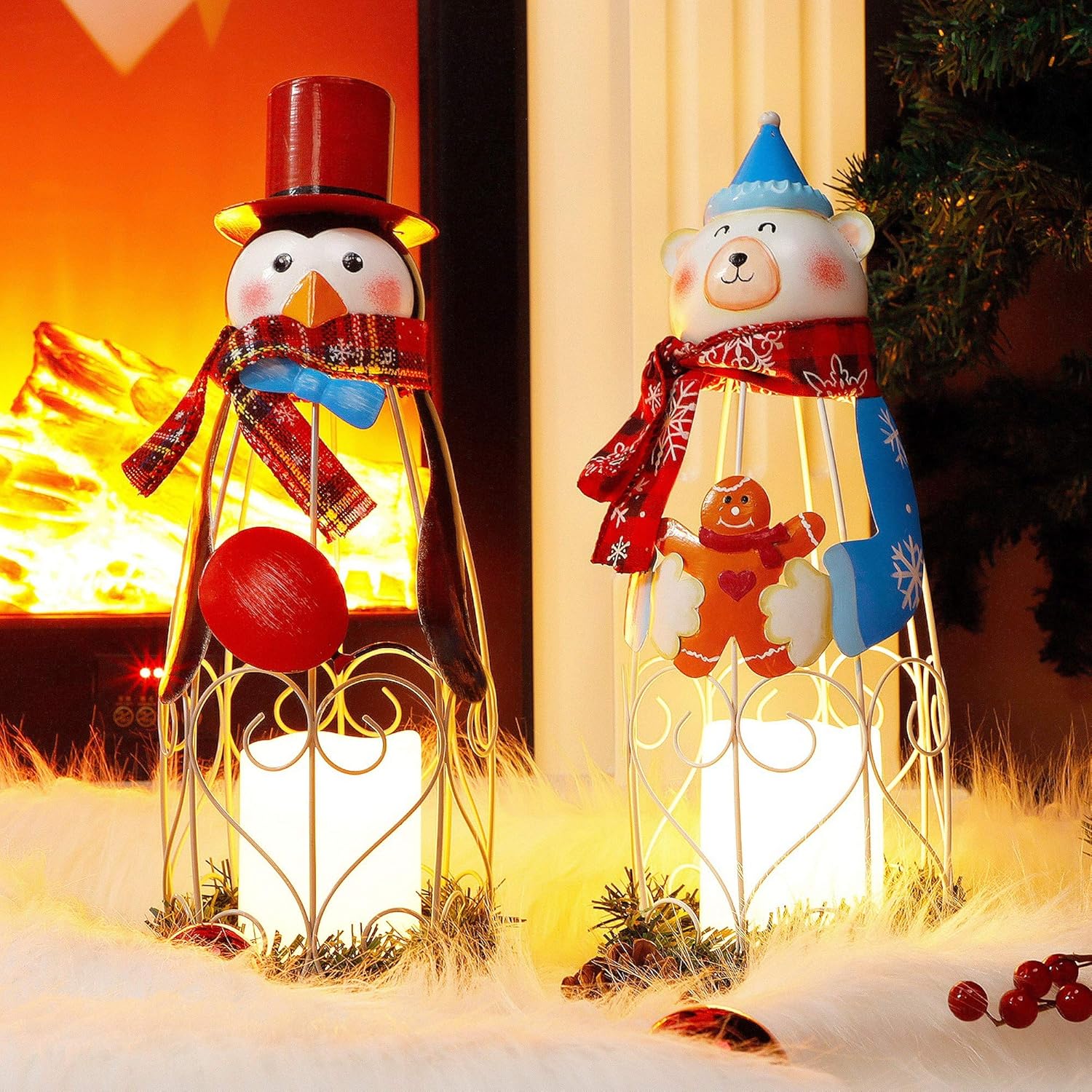 Lulu Home Lighted Christmas Table Decorations, 2 Pack 14.6 Inch Penguin Polar Bear with Battery Operated Candle Lights, Light Up Christmas Tabletop Decorations