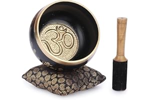 Ajuny Tibetan Singing Bowl Set - Handcrafted Meditation Brass Sound Bowl with Stick and Cushion for Yoga, Chakra Healing, Mindfulness and Stress Relief Spiritual Gifts - Gold Black