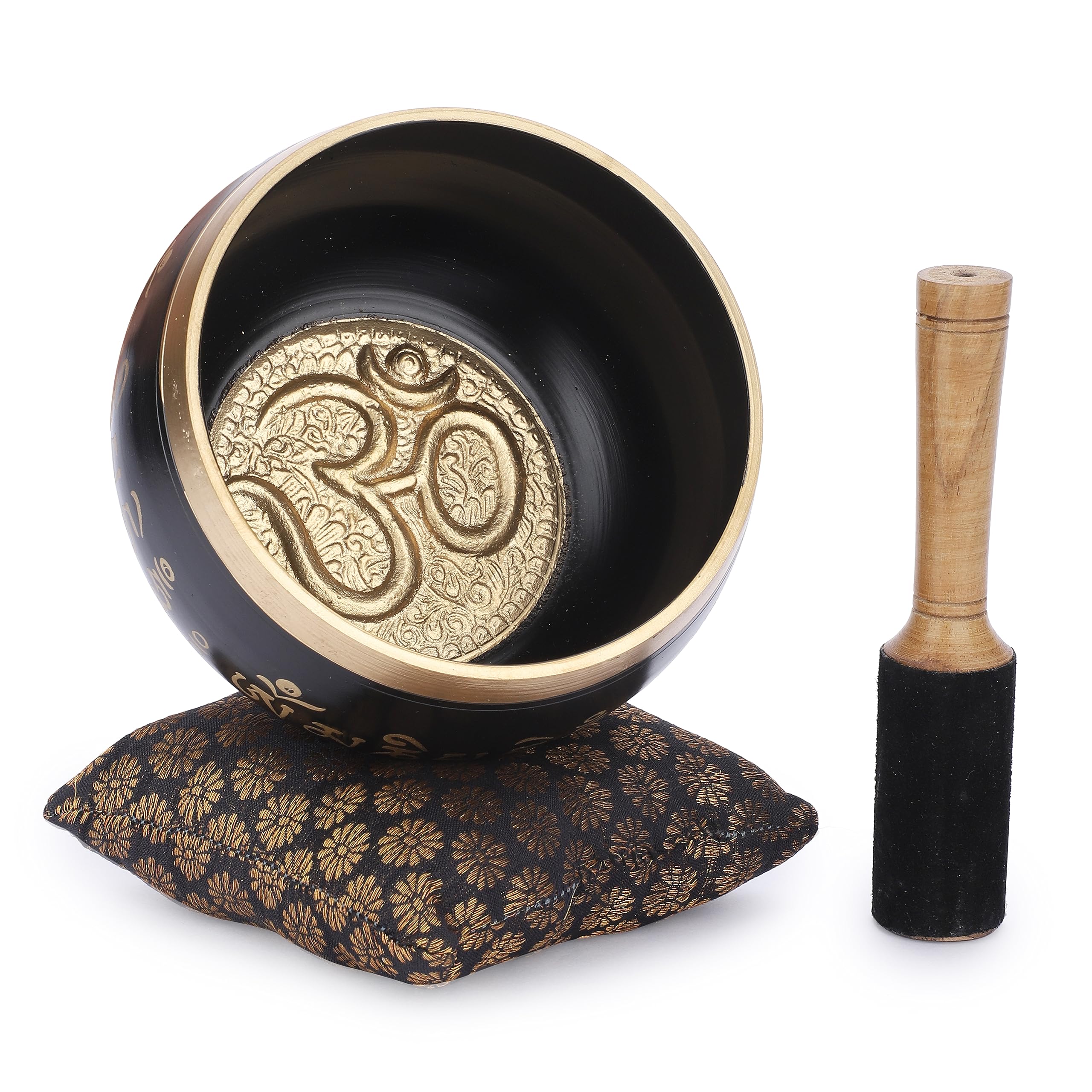 Ajuny Tibetan Singing Bowl Set Handmade Brass Sound Bowl with Mallet & Cushion OM Design Meditation Yoga Mindfulness & Chakra Healing Therapy Stress Relief Gift (Gold/Black, 4 In)