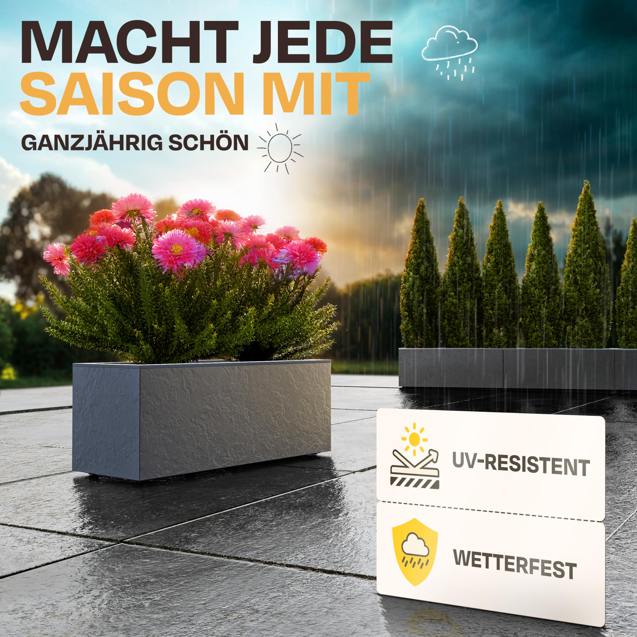 Ondis24 2X Pflanzkübel Vulkano, je 50L Pflanzvolumen, rechteckig, Blumenkasten mit Wasserspeicher, Balkon Terrasse, Blumenkübel, Doppelpack (Anthrazit) 5