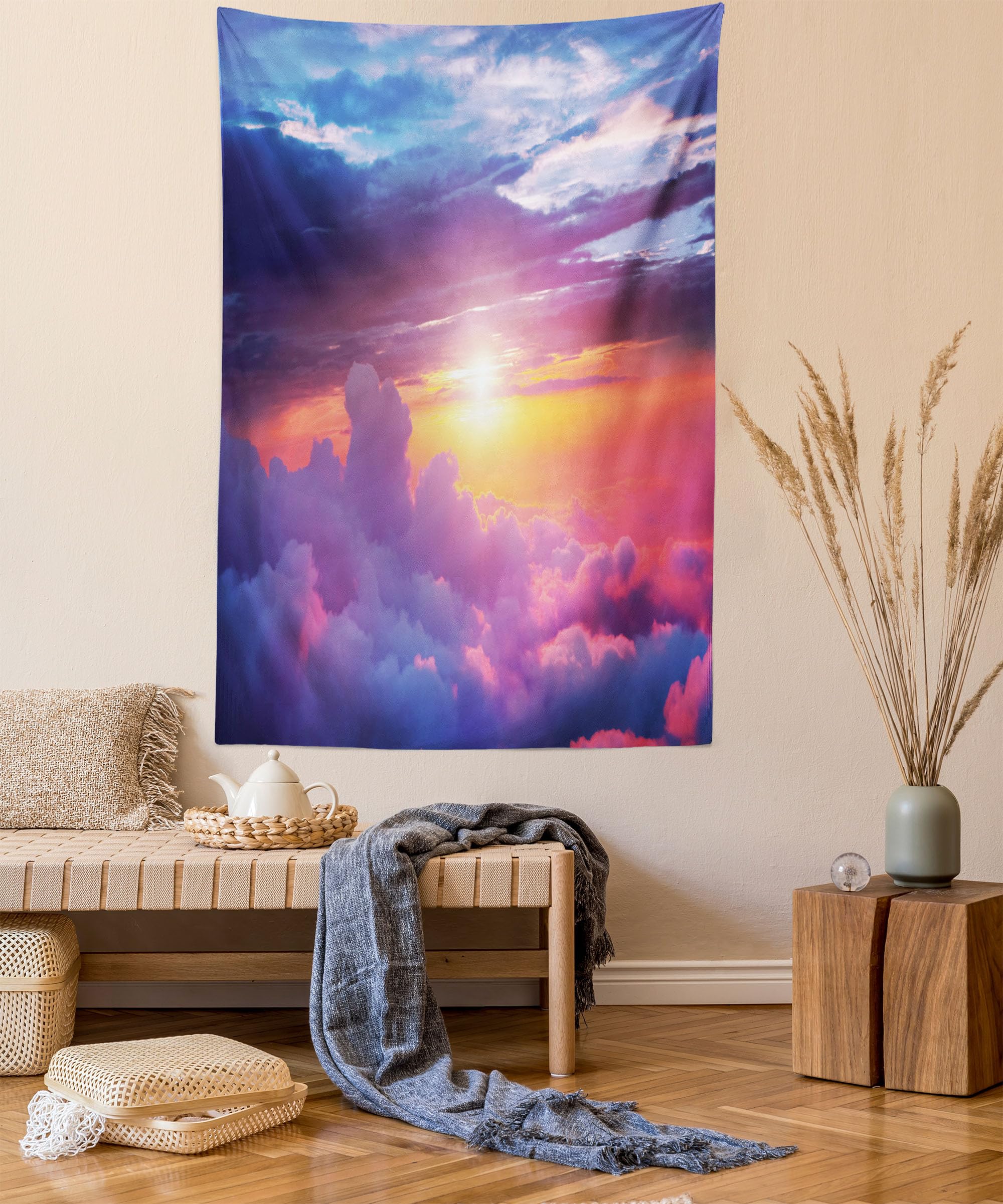 ABAKUHAUS Landscape Tapestry, Sunset Scene with Sky and Clouds with Vibrant Colors and Shadows Print, Fabric Wall Hanging Decor for Bedroom Living Room Dorm, 54 W X 90 L, Blue Yellow Purple