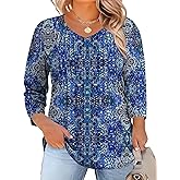 Romanstii Plus Size Tops for Women Womens 2026 Spring 3/4 Sleeve Blouses Dressy Casual V-Neck T-Shirts Pleated Tunic XL-5XL