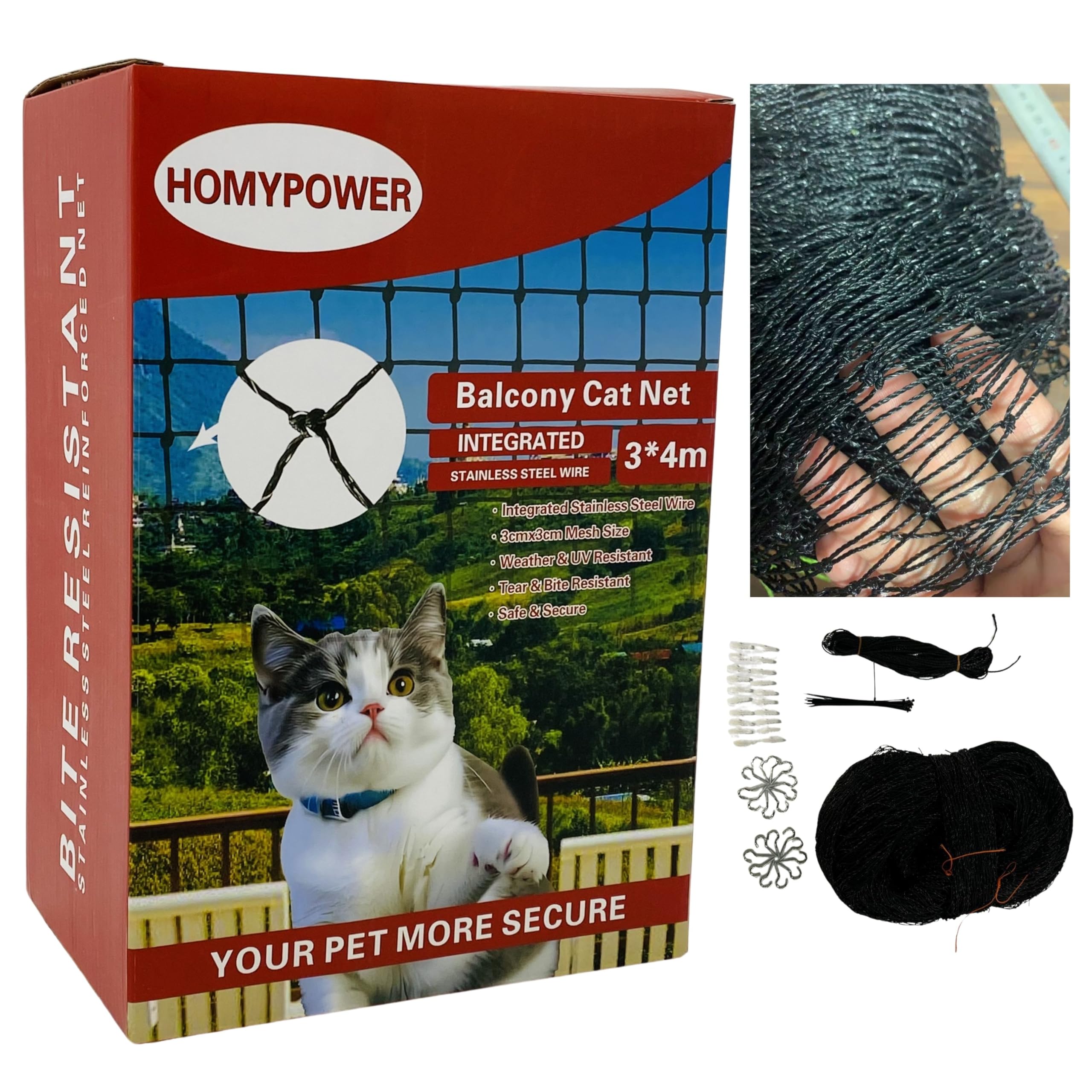 Photo 1 of HOMYPOWER Cat Netting Balcony, Stainless Steel Reinforced Bite Tear UV and Weather-Resistant Anti-Fall Netting for Pets, Safety Net for Cat, Small Catio for Apartment Balcony Protection (10x13 ft)
