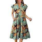 Hount Women's Summer Casual Dress 2026 V Neck Ruffle Sleeve Midi Sundress Flowy Tiered Hawaiian Beach Dresses with Pockets