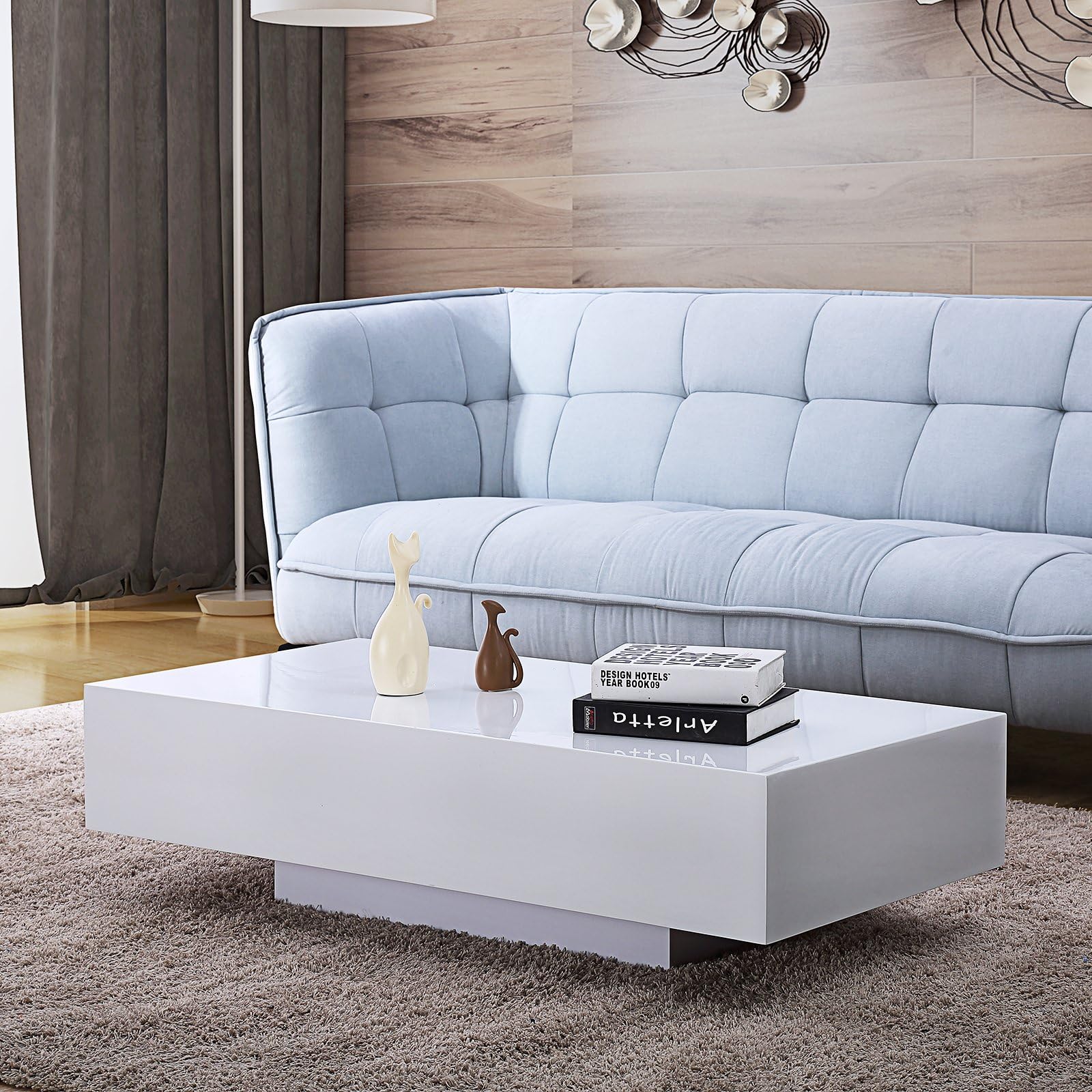 Mecor High Gloss White Rectangle Coffee Table, Modern Side/End/Sofa Table with 1 Layer, Living Room Home Office Furniture, Large Size