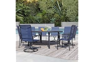Stabrech 9 Pieces Outdoor Table and Chairs for 8, 60" Black Round Table with 4 Blue Swivel and 4 Big Chairs, Patio Dining Set with Swivel Chair