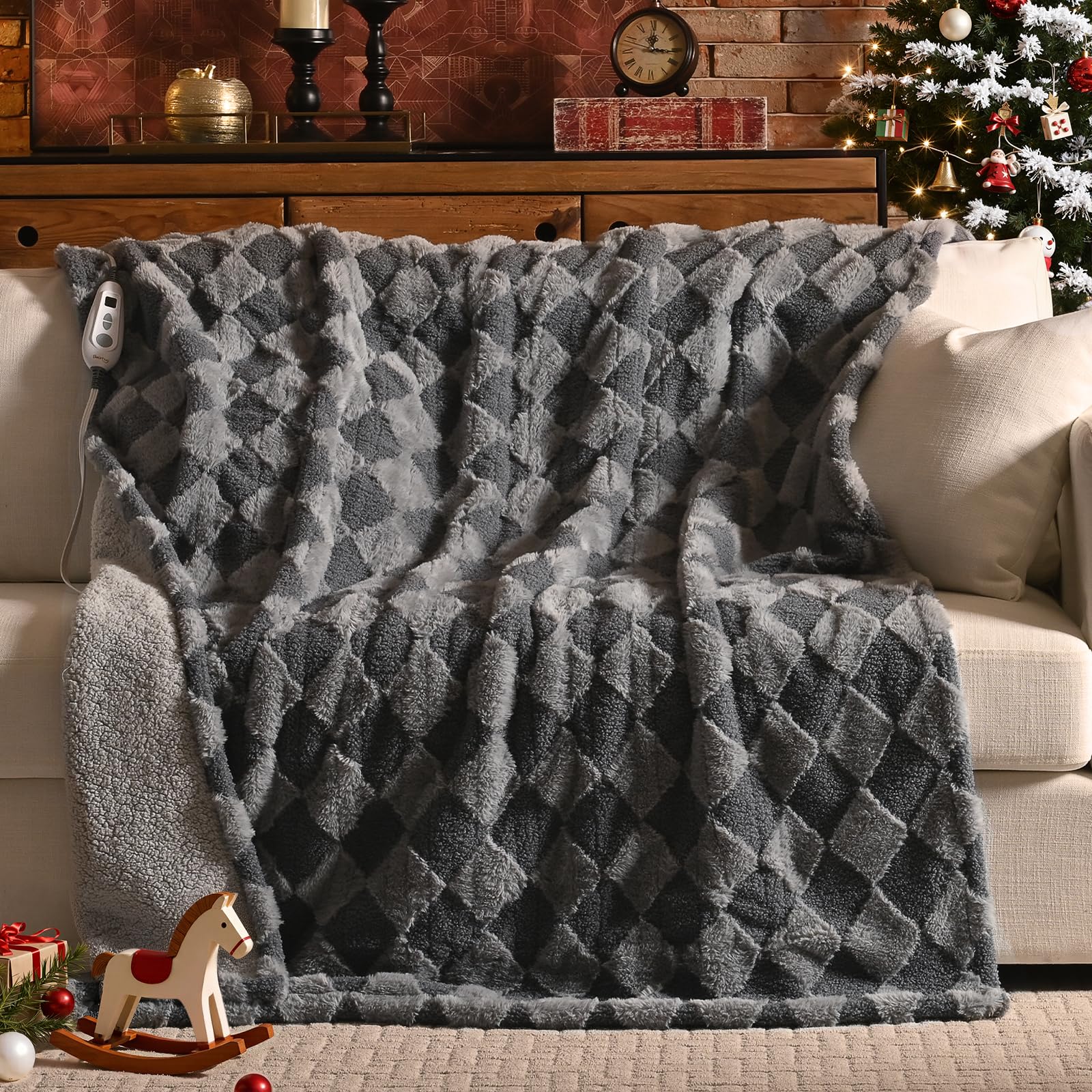 Photo 1 of Bearhug Heated Throw Blanket 50" × 60", Electric Blanket Gray Teddy Faux Fur & Warm Sherpa, 4h Auto-Off Timer& 6 Heating Levels, Reversible Heated Throw, ETL Certified, Machine Washable, Gift Box