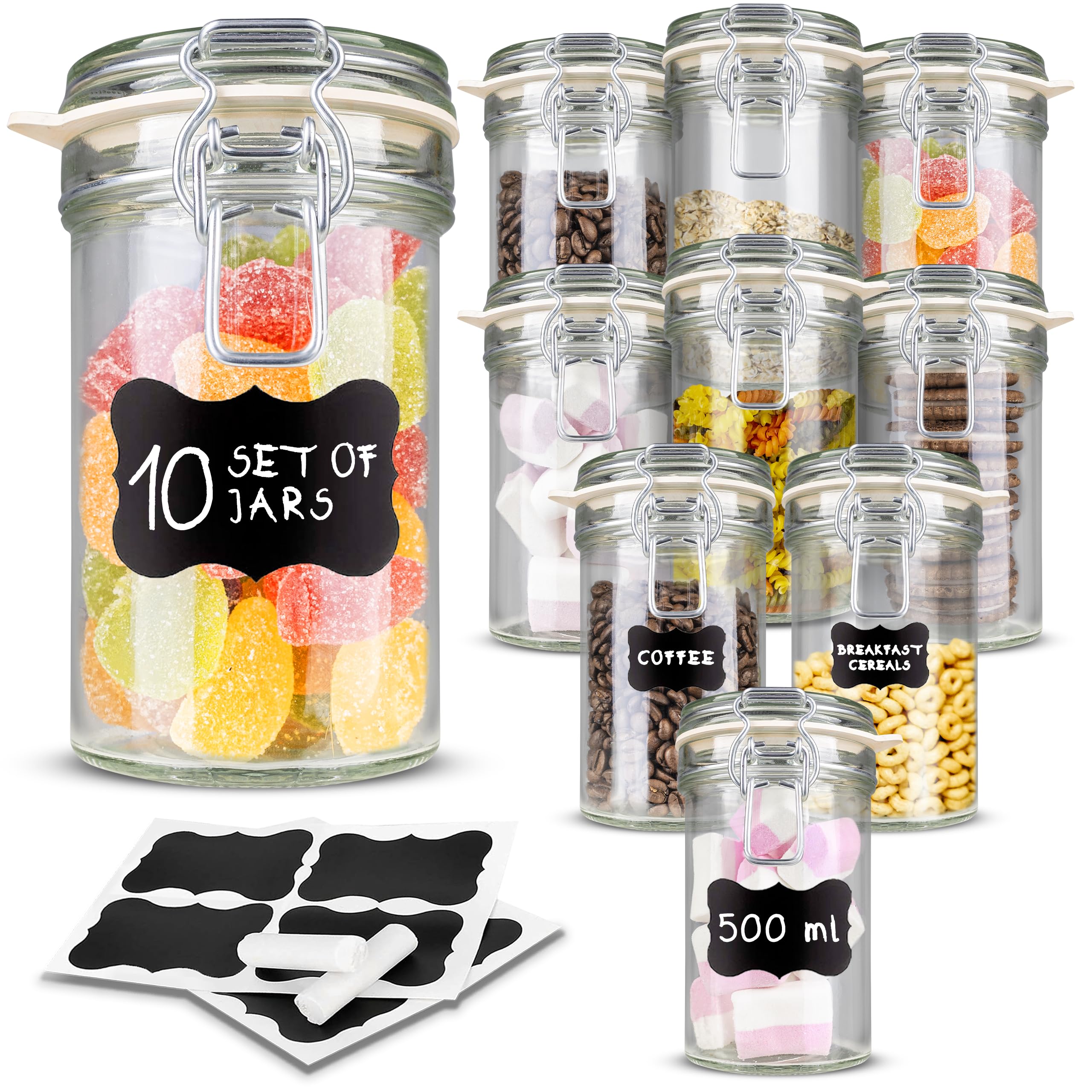 Creative Home 10 x 500ml Glass Jars with Clip Lids Storage Set | Airtight Food Storage containers | 0.5L Kitchen Container Preserving Jar Sweets Flour Pasta | 12 Reusable Stickers & 1 Anti-Dust Chalk