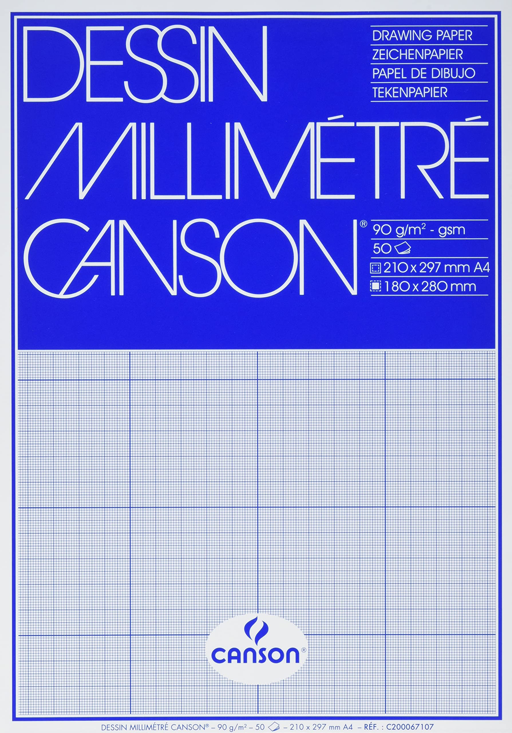 CANSON Dessin Millimetre, Drawing & Graphic Paper, Smooth, A4 90gsm, 50 Blue Sheets, Short Side Glued, for Professional Artists & Technical Drawings