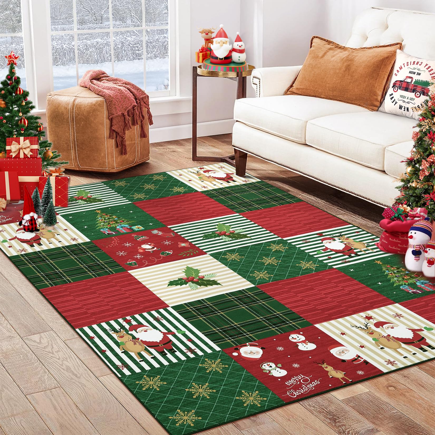 CAROMIO Buffalo Plaid Entryway Red/Green Rug - 80 x 150 cm Indoor Snowflake Elk Carpet Soft Rug Floor Cover Geometric Non Slip Mat for Bedroom, Dining Room, Office